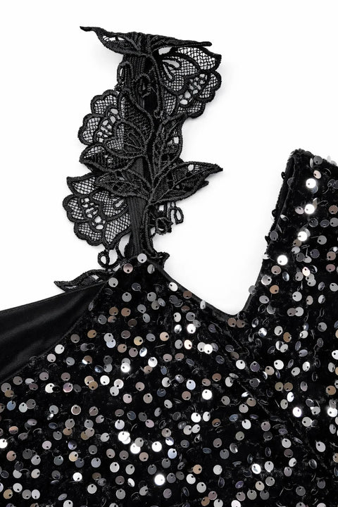 Women’s Black Off Shoulder Sequin Velvet Dress with Rose Lace Straps, Elegant Plus Size Cocktail Party Evening Dress