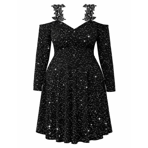 Women’s Black Off Shoulder Sequin Velvet Dress with Rose Lace Straps, Elegant Plus Size Cocktail Party Evening Dress