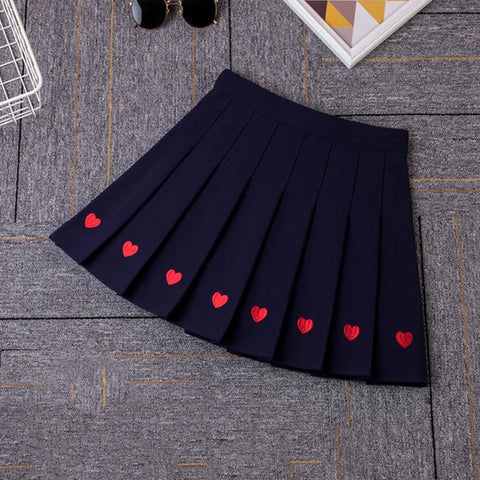 Black Heart Embroidery Pleated Mini Skirt Women Summer Girl High School Student Skirt Sweet High Waist Skirt Aline Saia Feminina