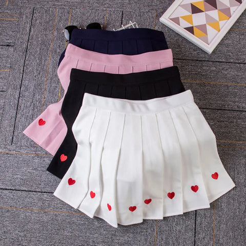Black Heart Embroidery Pleated Mini Skirt Women Summer Girl High School Student Skirt Sweet High Waist Skirt Aline Saia Feminina
