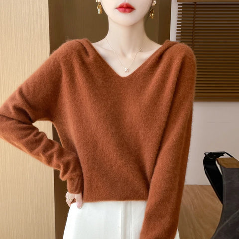 2025 New Women's Hooded Sweater 100% Merino Wool Seamless Knit Long Sleeve Pullover Cozy Comfort Fit Versatile Daily Wear