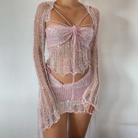 Sexy Beach Women's Fishnet Skirt Suits Summer Sequin Hollow Out Lace Up Long Sleeve Tube Tops + Wrap Hip Mini Skirt 2 Piece Set