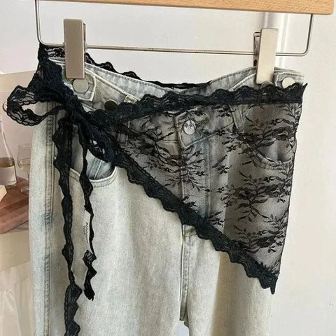Korean Fashion Lace Irregular Skirt Curtain White Flowers Lace Mesh Halfbody Skirt Women Summer Bottoms Jeans Decorative Hemline