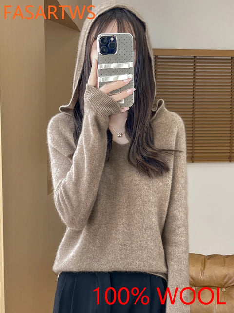 2025 New Women's Hooded Sweater 100% Merino Wool Seamless Knit Long Sleeve Pullover Cozy Comfort Fit Versatile Daily Wear