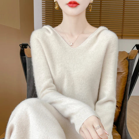 2025 New Women's Hooded Sweater 100% Merino Wool Seamless Knit Long Sleeve Pullover Cozy Comfort Fit Versatile Daily Wear