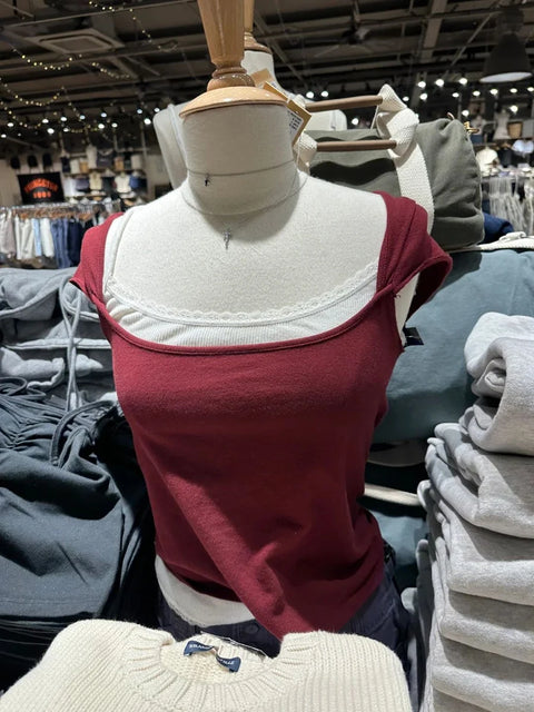 Sweat Sleeveless Slim T-shirt Woman Summer Roll Hem Square Collar Cotton Tee Shirt School Style Cute Streetwear Y2k Crop Top