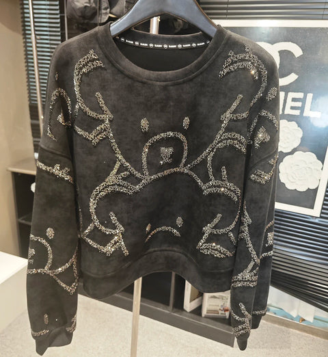 2024 Autumn New European Heavy Industry Hot Diamond Bear Short Sweatshirt Women Loose Slim Full Diamond Cartoon Women Top