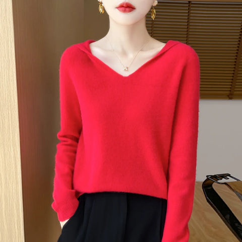 2025 New Women's Hooded Sweater 100% Merino Wool Seamless Knit Long Sleeve Pullover Cozy Comfort Fit Versatile Daily Wear