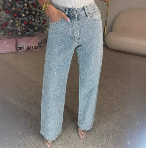 Women's Jeans 2025 Spring Autumn New Fashion Full Diamond Washed Denim Jeans Spicy Girl High Waist Casual Straight Leg Pants