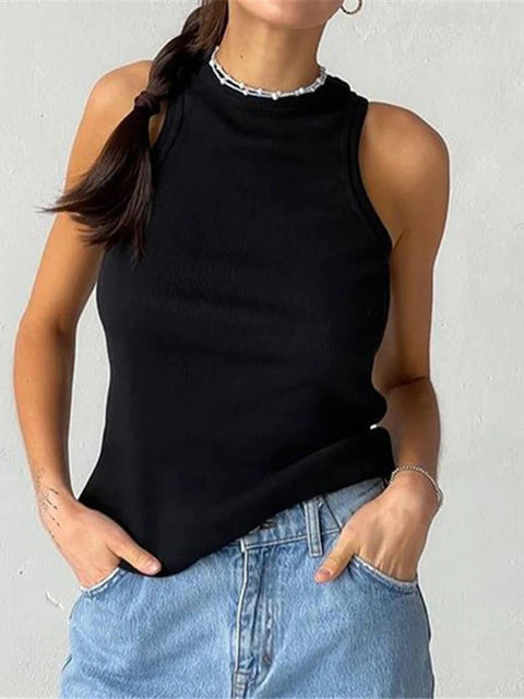 Women's Ribbed Knitted Tank Top Off-Shoulder Sporty Casual Summer Basic Shirts in White Black Green - Neckline Vest Style
