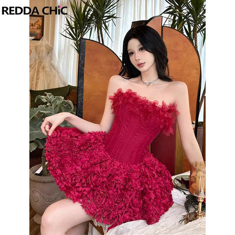 REDDACHiC Floral Applique Bubble Dress Slim Lace-up Backless Boned Corset Mini Party Dress Cocktail Party Evening Women Clothes