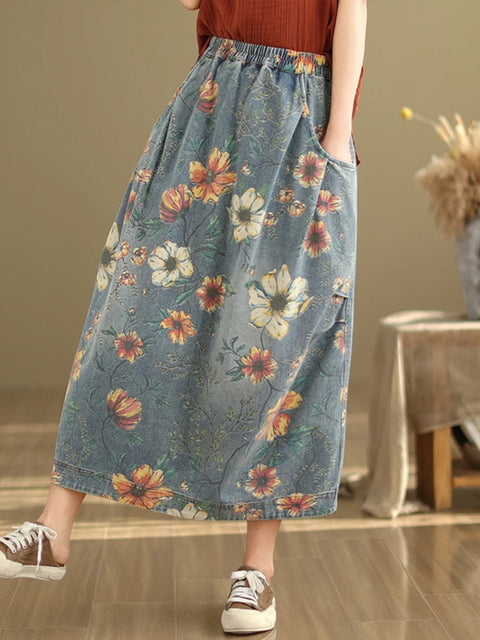 Vintage Flower Print Denim Skirt Women's Summer Fashion Elastic Waist Loose Casual Retro Patchwork Mid-long Dress with Pockets
