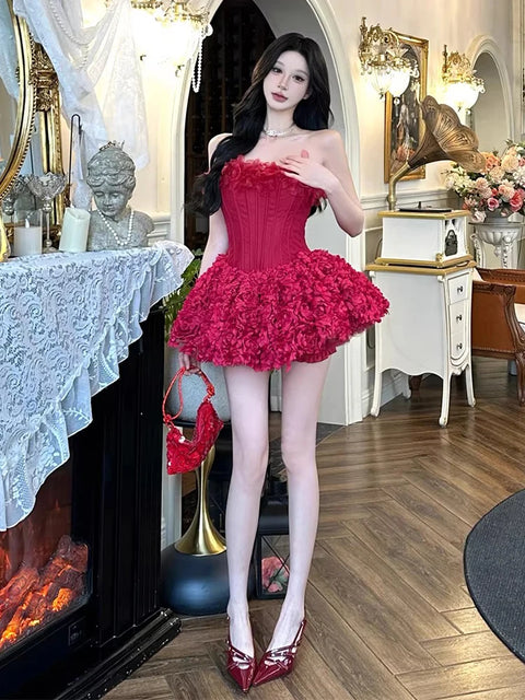 REDDACHiC Floral Applique Bubble Dress Slim Lace-up Backless Boned Corset Mini Party Dress Cocktail Party Evening Women Clothes