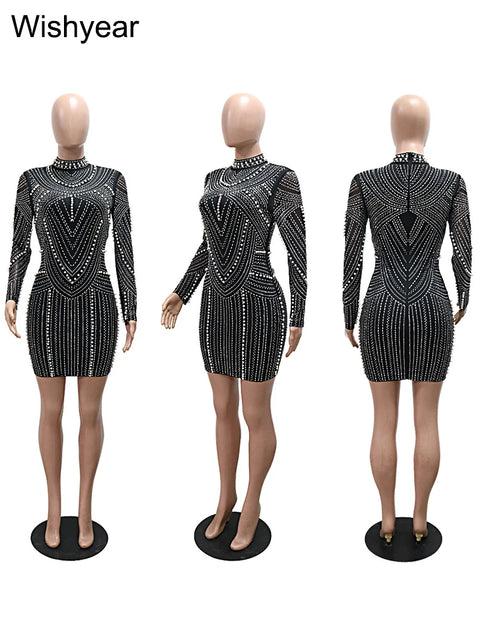 New Sparkle Rhinestone Pearl Mini Dress Women Luxury Stand Neck Crystal Night Club Short Evening Party Vestidos Birthday Outfits