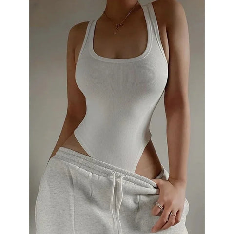 White Sports Tank Top Women Scoop Neck Off Shoulder Body Top Streetwear Ribbed Bodysuits Suit Slim Clothes Catsuit Clothing