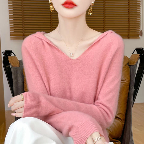 2025 New Women's Hooded Sweater 100% Merino Wool Seamless Knit Long Sleeve Pullover Cozy Comfort Fit Versatile Daily Wear
