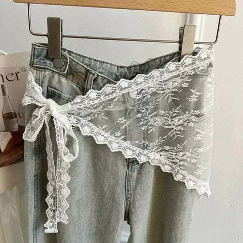 Korean Fashion Lace Irregular Skirt Curtain White Flowers Lace Mesh Halfbody Skirt Women Summer Bottoms Jeans Decorative Hemline