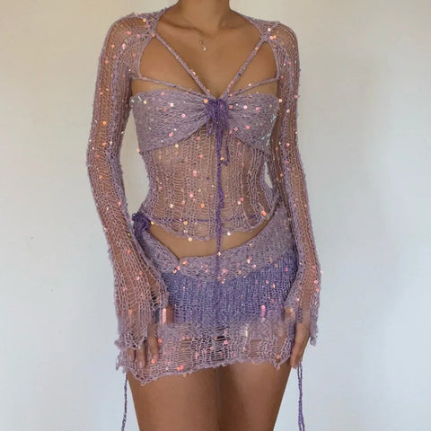 Sexy Beach Women's Fishnet Skirt Suits Summer Sequin Hollow Out Lace Up Long Sleeve Tube Tops + Wrap Hip Mini Skirt 2 Piece Set