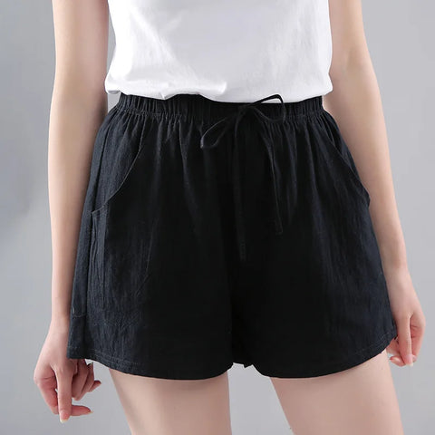 Women Shorts Summer 2025 Korean Wide Leg Casual Solid Drawstring Elastic Waist Shorts Girls Cotton Women's Mini Biker Shorts