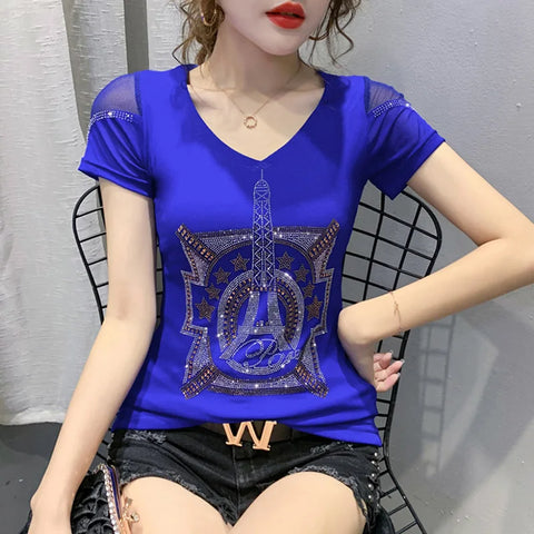 2024 New T-shirt Casual Short Sleeve Fashion Luxury Eiffel Tower Diamonds Women Tops High-End Sexy Back Mesh Tees High Quality