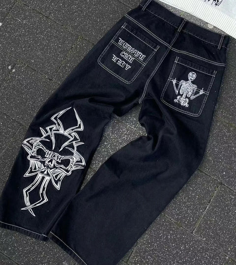 Unique Black Jeans with Charming White Cat Print Design Women's Fashion Harajuku Y2K Causal Personality Straight Wide Leg Pants