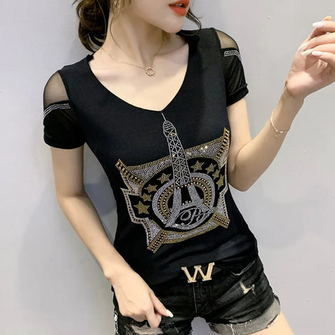 2024 New T-shirt Casual Short Sleeve Fashion Luxury Eiffel Tower Diamonds Women Tops High-End Sexy Back Mesh Tees High Quality