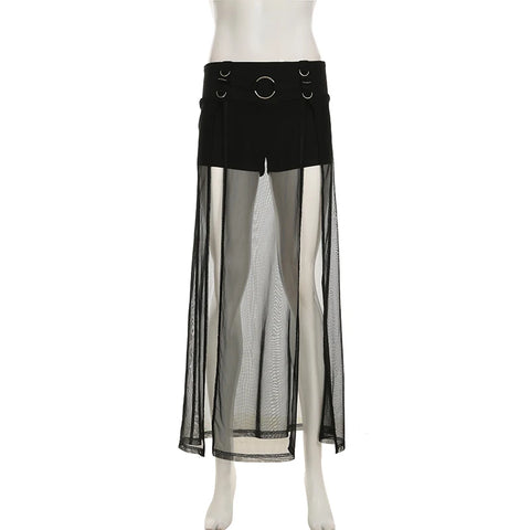 Dark Solid Shorts With Split Maxi Skirts Gothic See Through Ring Low-Waisted Shorts Women 2025 Summer Fashion Streetwear Lady