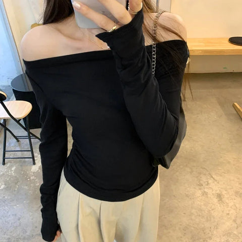 Off Shoulder Casual Pink T Shirts Women 2026 Korean Fashion Long Sleeve Tshirt Slim Y2k Clothes Sweet Sexy Lady Black Crop Tops