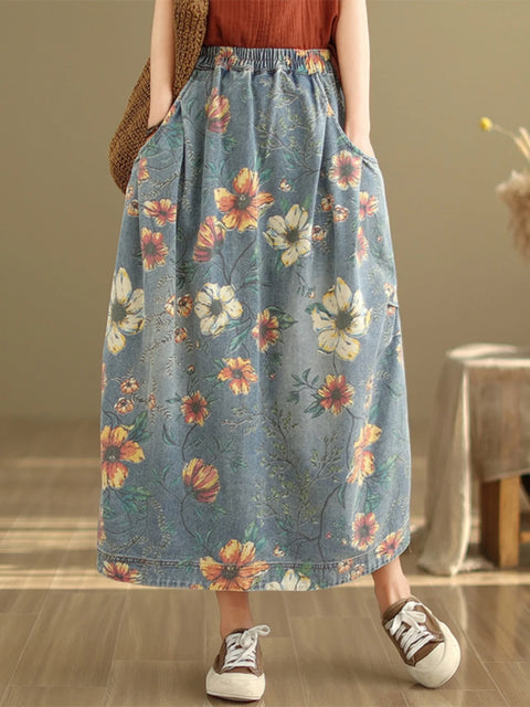 Vintage Flower Print Denim Skirt Women's Summer Fashion Elastic Waist Loose Casual Retro Patchwork Mid-long Dress with Pockets