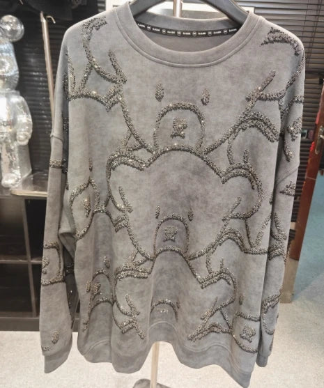 2024 Autumn New European Heavy Industry Hot Diamond Bear Short Sweatshirt Women Loose Slim Full Diamond Cartoon Women Top