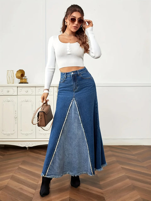 2023 Autumn New Women's Denim Long Skirt Fashion Loose Spliced Denim Swing Skirt Female Casual Clothes XS-L Drop Shipping