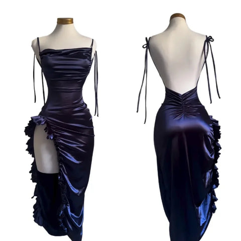 Korean Y2K Summer Sleeveless Lace-up Wrap Hip Pleated Dress Women Sexy Club Vintage Backless Bodycon Ruffles Slip Long Dresses