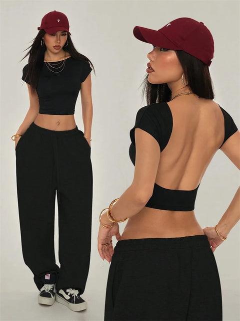 Sexy Backless Short Sleeve T Shirt Women Summer Grunge Y2K Clothes High Street Style Plain Black Crop Tee Top Streetwear 2024