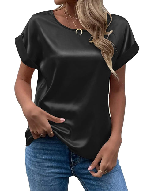 Elegant Women's Blouse Solid Tees 2023 Summer Lady Short Sleeve Satin Shirt Loose Casual Round Neck T-shirt Tops S-XXL