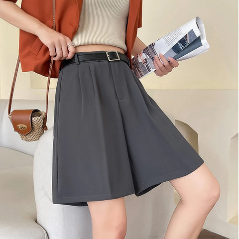 Fashion Wide Leg Suit Shorts Woman Summer Thin Breathable Knee Length Shorts Women Loose Solid Color Elastic Waist Short Pants