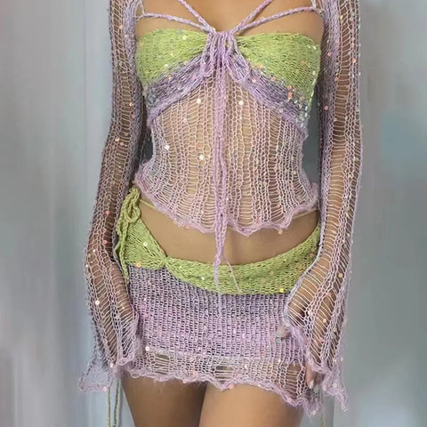 Sexy Beach Women's Fishnet Skirt Suits Summer Sequin Hollow Out Lace Up Long Sleeve Tube Tops + Wrap Hip Mini Skirt 2 Piece Set