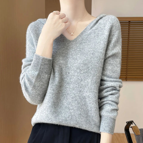 2025 New Women's Hooded Sweater 100% Merino Wool Seamless Knit Long Sleeve Pullover Cozy Comfort Fit Versatile Daily Wear