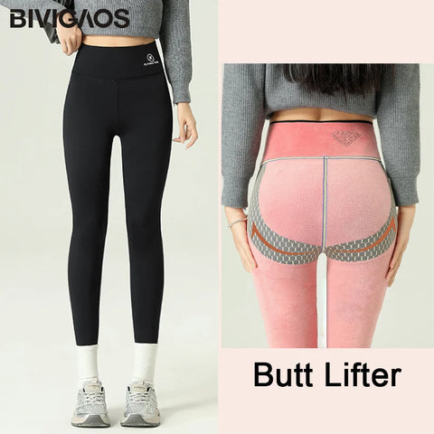 BIVIGAOS Winter Pink Velvet Warm Sharkskin Leggings Women Airplane Print High Waist Butt Lifter Thick Insulated Leggings Autumn