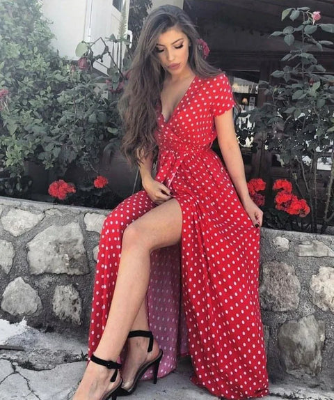 Women Summer Dress Bohemian Short Sleeve V-neck Low Cut Printed Polka Dot Dresses women's Clothing YFL6256