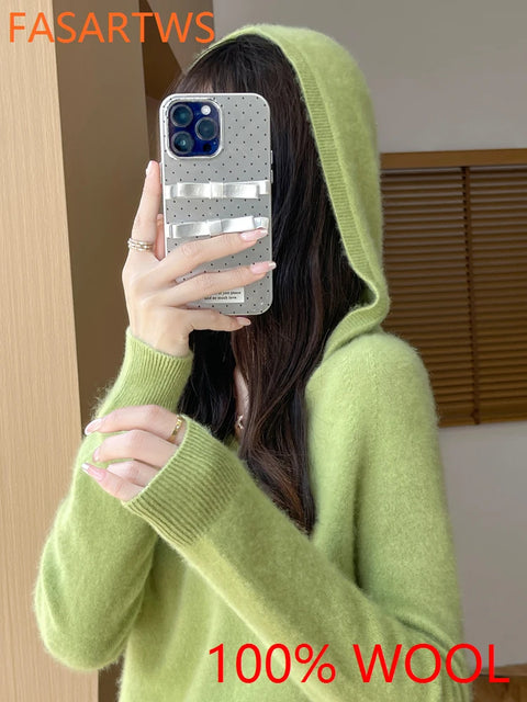 2025 New Women's Hooded Sweater 100% Merino Wool Seamless Knit Long Sleeve Pullover Cozy Comfort Fit Versatile Daily Wear