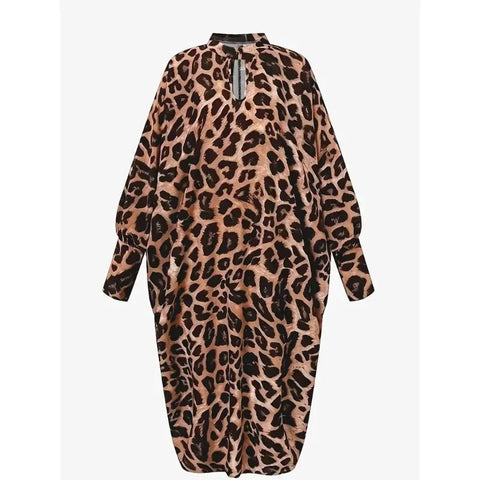 Plus Size 1XL-5XL New Women's Fashion Boho Dress Ladies Casual Leopard Print Batwing Sleeve Keyhole Round Neck Baggy Dress