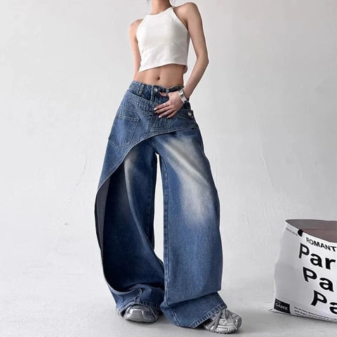 Y2K Fashion Irregular Patchwork Jeans Women Korean Chic Streetwear Hip Hop Straight Trousers Bf High Waist Casual Denim