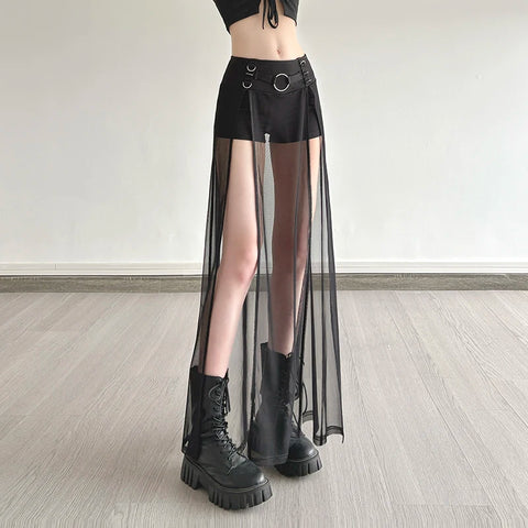 Dark Solid Shorts With Split Maxi Skirts Gothic See Through Ring Low-Waisted Shorts Women 2025 Summer Fashion Streetwear Lady