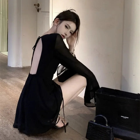 Solid Dresses Women Mini Retro Summer Spicy Ladies Backless Lace-up Sexy Designed Long Sleeve Korean Style Elegant Vintage Ins