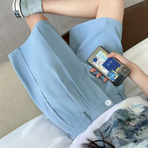 Fashion Wide Leg Suit Shorts Woman Summer Thin Breathable Knee Length Shorts Women Loose Solid Color Elastic Waist Short Pants