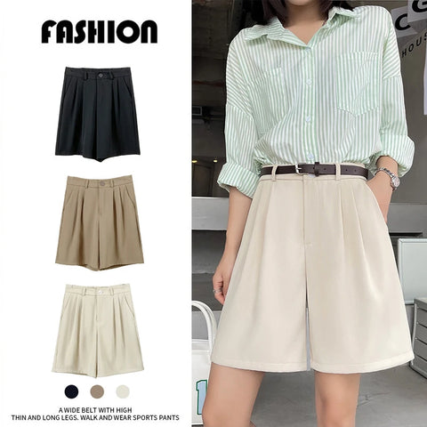 Fashion Wide Leg Suit Shorts Woman Summer Thin Breathable Knee Length Shorts Women Loose Solid Color Elastic Waist Short Pants