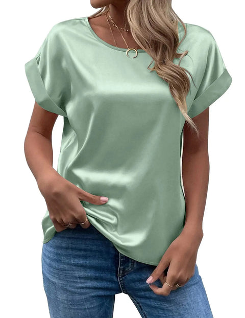 Elegant Women's Blouse Solid Tees 2023 Summer Lady Short Sleeve Satin Shirt Loose Casual Round Neck T-shirt Tops S-XXL