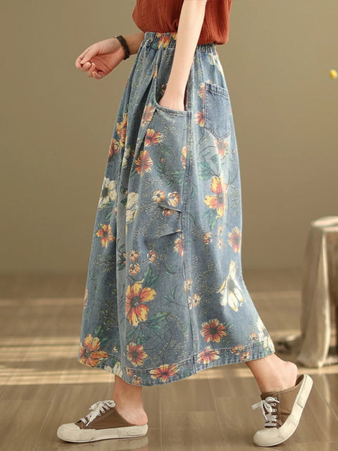 Vintage Flower Print Denim Skirt Women's Summer Fashion Elastic Waist Loose Casual Retro Patchwork Mid-long Dress with Pockets