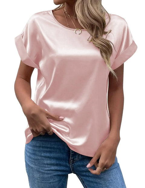 Elegant Women's Blouse Solid Tees 2023 Summer Lady Short Sleeve Satin Shirt Loose Casual Round Neck T-shirt Tops S-XXL