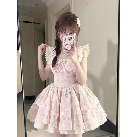 MEXZT Kawaii Floral Mini Dress Women Japanese Cutecore Lace Ruffles Dresses Summer Party Flying Sleeve Bodycon A Line Vestidos